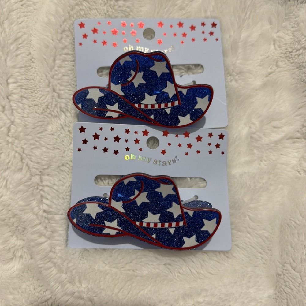Patriotic‎ Glitter Cowboy Hat Hair Claw Clips Lot of 2 Western Cowgirl